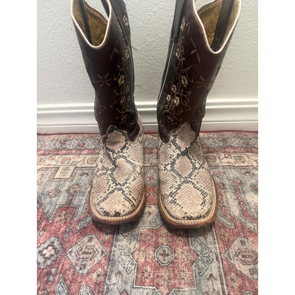 Reyme Snakeskin Floral Embroidered Leather Cowboy Boots Square Toe Brown 6.5
